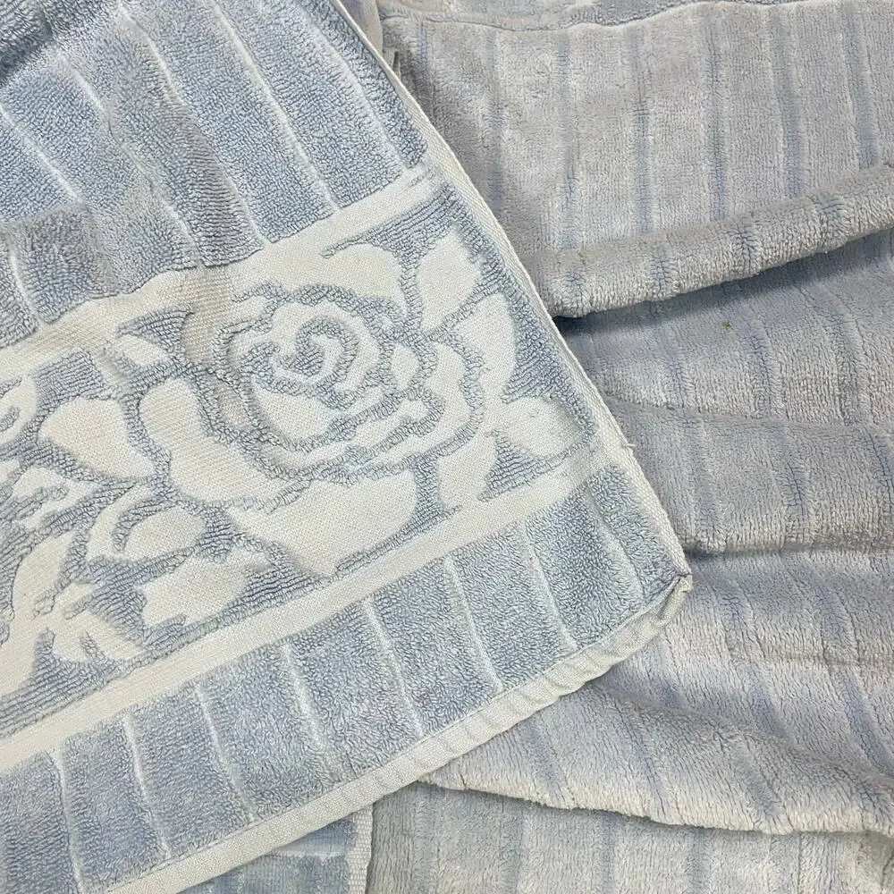 Vintage Mid Century St. Mary's | Blue Sculpted Floral Cotton Bath Hair Towel Set